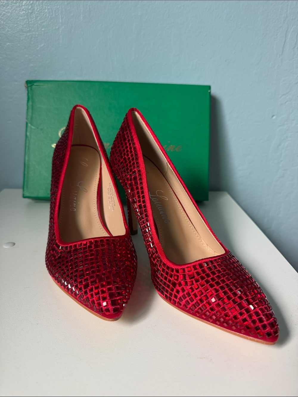 Lauren Lorraine Red Embellished Pointed Toe Pumps